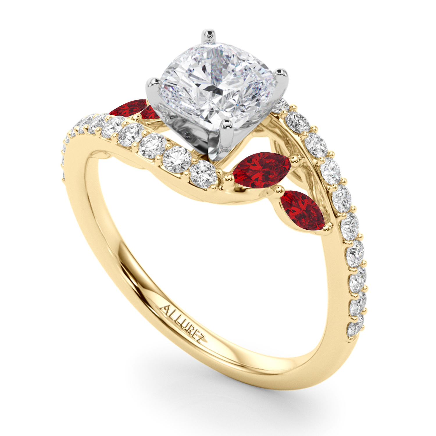 Swirl Design Diamond & Marquise Ruby Engagement Ring 18K Yellow Gold (0.63ct)